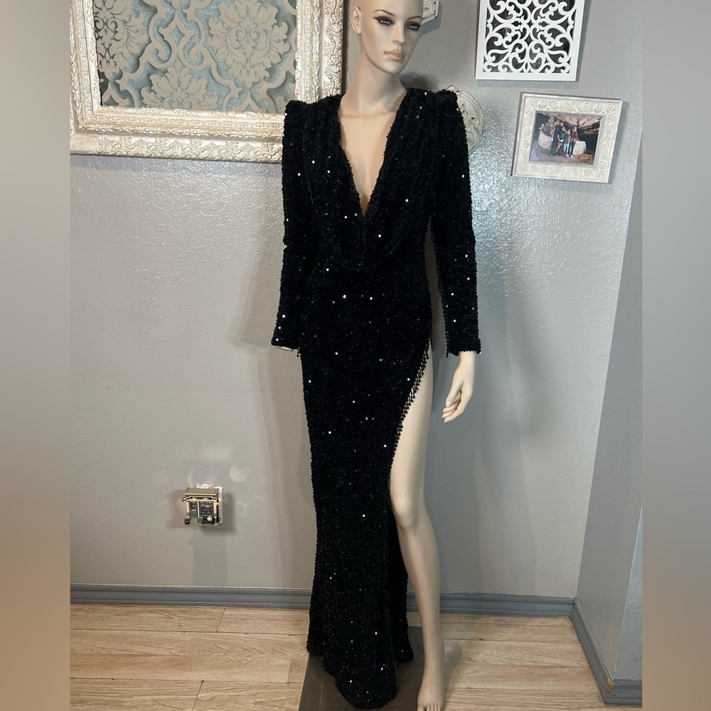 Black Sequin Deep V-Neck cowl neckline Long Sleeve Evening Gown - Picture 5 of 14